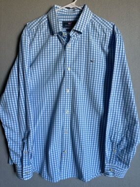 Vineyard Vines Men’s Blue White Gingham Button-Down Whale Shirt Sz Large Cotton